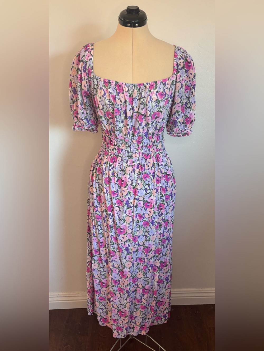 Lush On/Off Shoulder Purple Pink Multicolor Floral Puff Sleeve Midi Dress, M